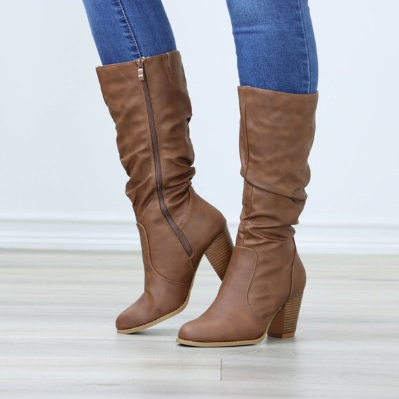 Tan Mid Calf Heeled Boots Synthetic Leather Pointed Toe Womens - Picture 1 of 15